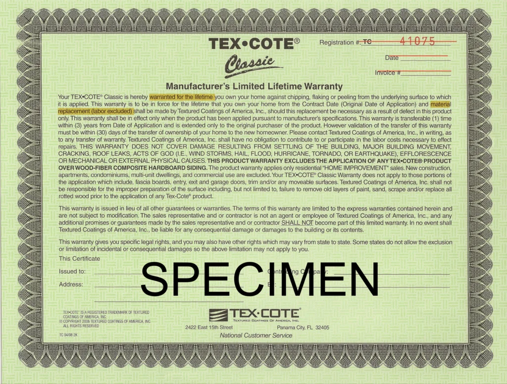 Tex Cote Labor Excluded Warranty